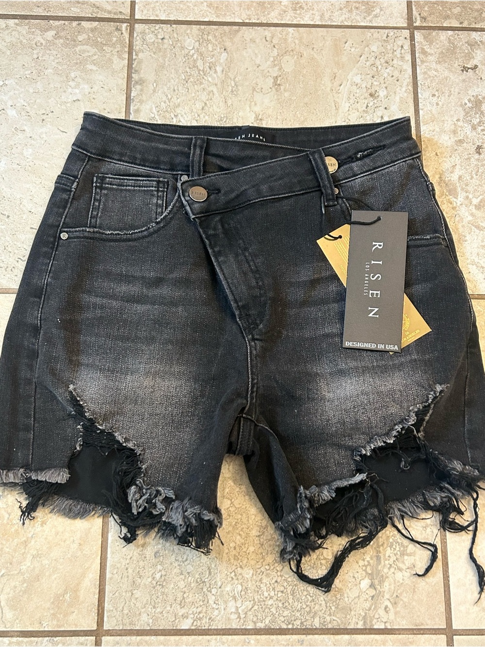 Risen Black Distressed High-Rise Jean Shorts - Women's